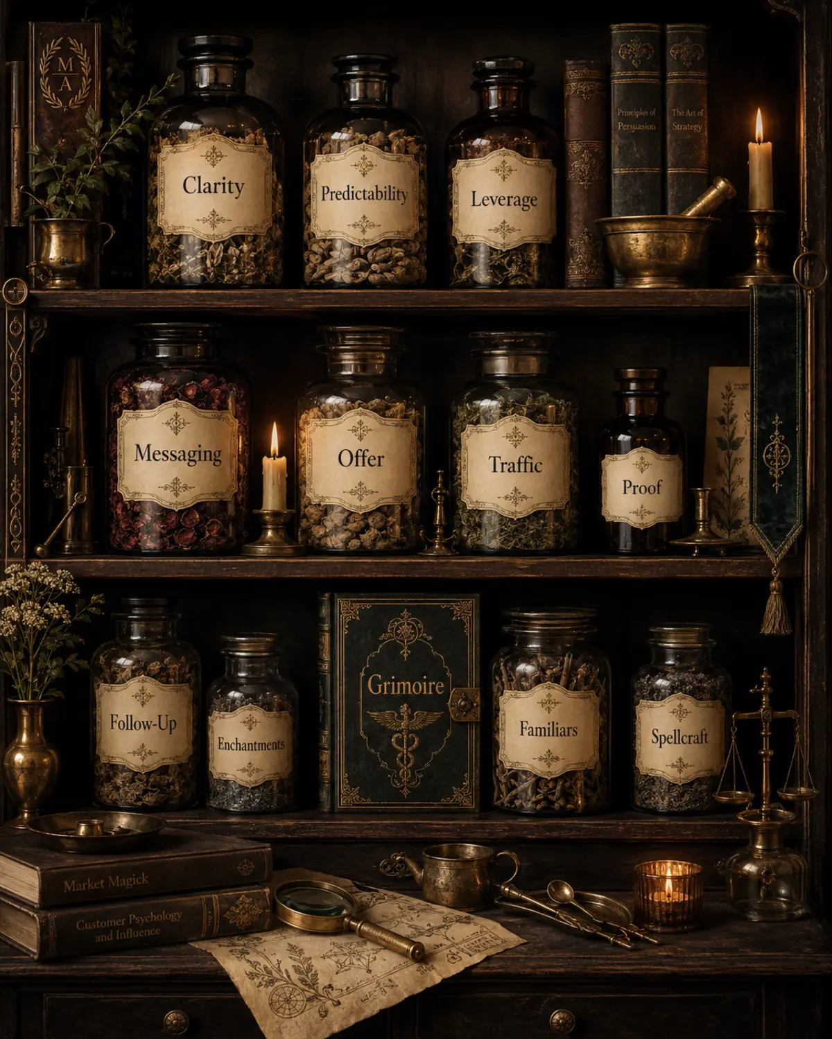 Marketing Apothekary shelf, with labelled jars for Clarity, Predictability, Leverage, Messaging, Offer, Traffic, Proof, Follow-Up and the Grimoire