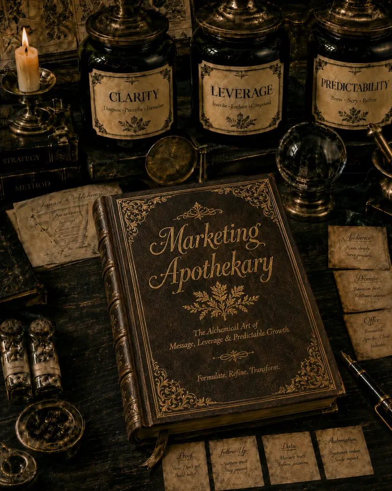 The Marketing Apothekary method book, with jars labelled Clarity, Leverage and Predictability
