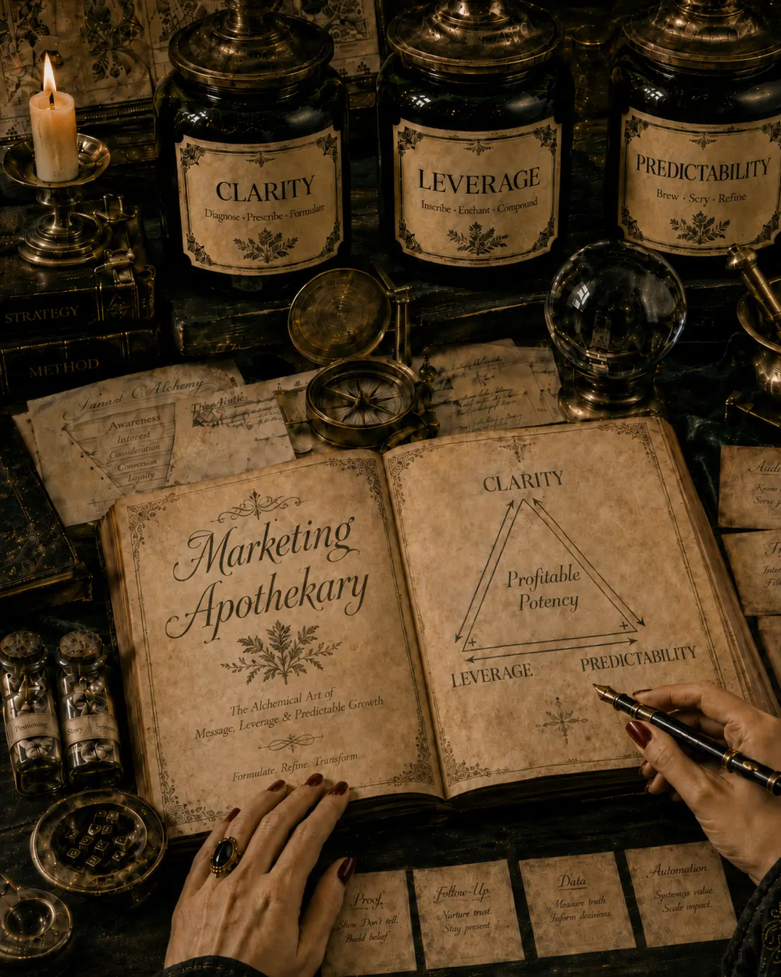 The Marketing Apothekary grimoire, open to the Profitable Potency triangle: Clarity, Leverage, Predictability